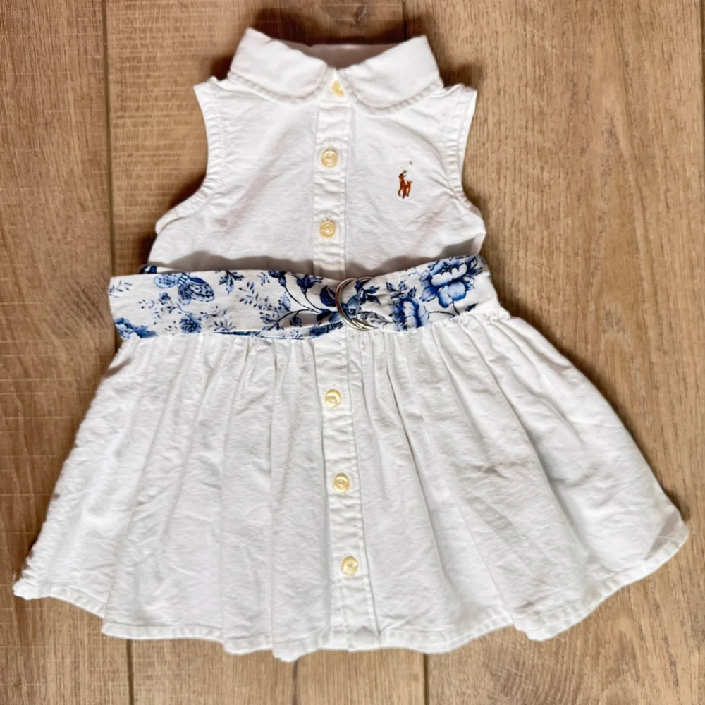 Ralph Lauren Baby White Dress with Blue Floral Belt Button Down Size 3 Months